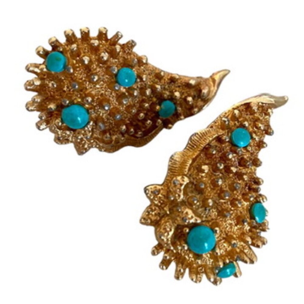 Rare Vintage EMMONS Gold-tone Turquoise Sea Urchin Clip On Earrings